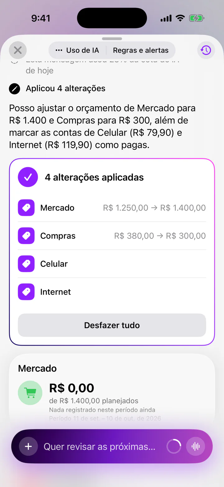 Assistente do Monly: “4 alterações aplicadas”: Mercado R$ 1.250,00 → R$ 1.400,00, Compras R$ 380,00 → R$ 300,00, Celular e Internet, com um botão Desfazer tudo. Abaixo, o orçamento Mercado: R$ 0,00 de R$ 1.400,00 planejados.