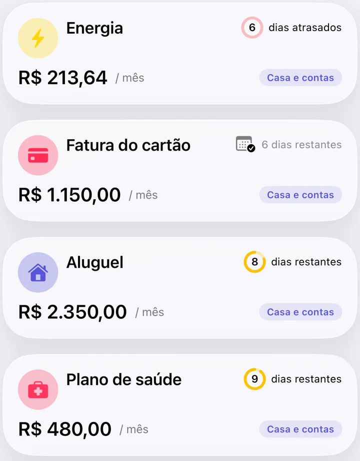 Lista de Contas do Monly: Energia R$ 213,64, 6 dias atrasados; Fatura do cartão R$ 1.150,00, 6 dias restantes; Aluguel R$ 2.350,00, 8 dias restantes; Plano de saúde R$ 480,00, 9 dias restantes.