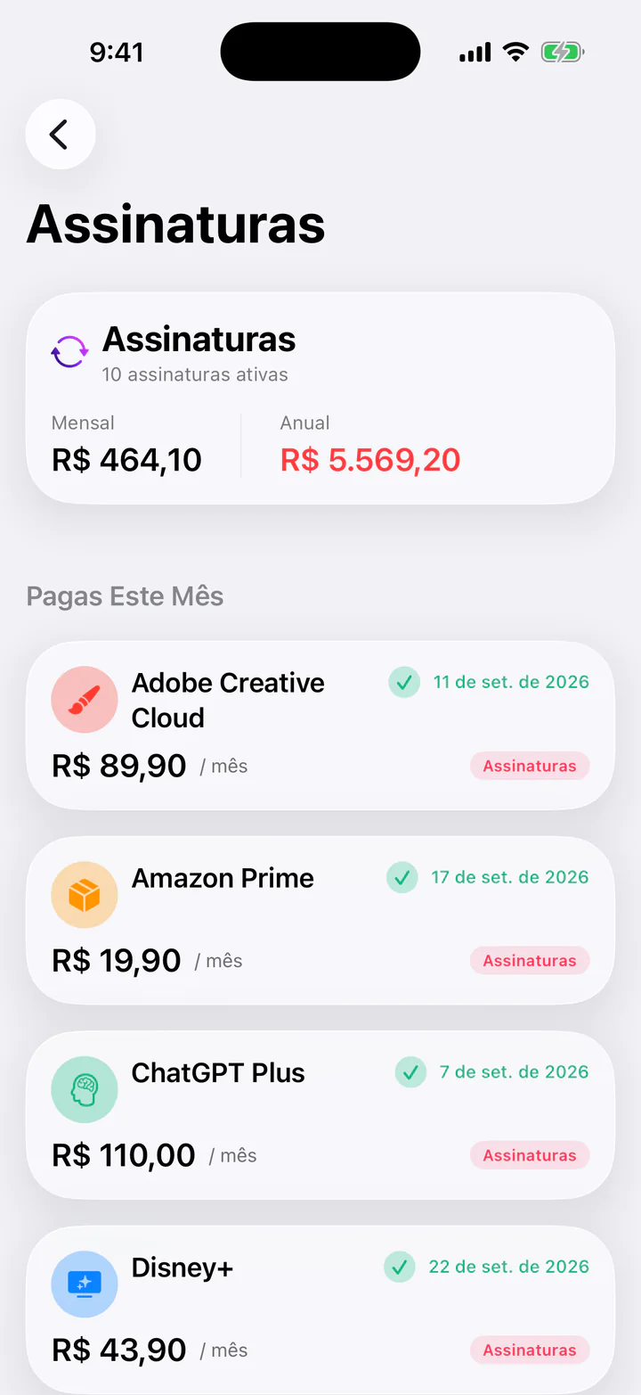 Tela Assinaturas do Monly: 10 assinaturas ativas que custam R$ 464,10 por mês e R$ 5.569,20 por ano, e assinaturas já pagas neste mês, como Adobe Creative Cloud, Amazon Prime e ChatGPT Plus.