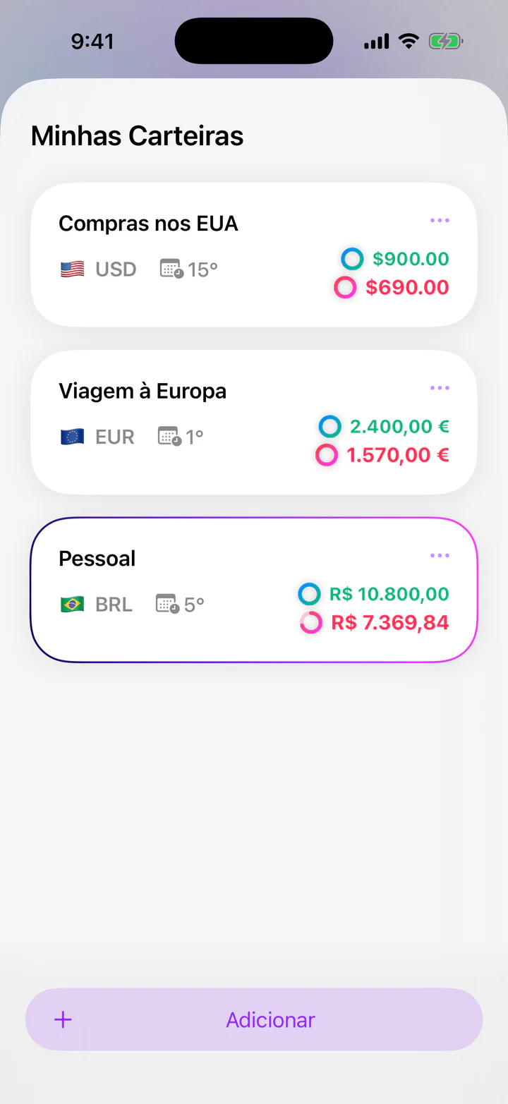 Tela Minhas Carteiras do Monly com três carteiras, cada uma na sua moeda: Compras nos EUA em dólares, Viagem à Europa em euros e Pessoal em reais.